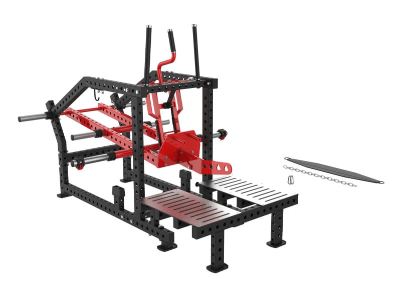 PrimePower PPF-K150 belt squat à disques, cadre noir, accents rouges, sellerie noire PrimePower PPF-K150 belt squat à disques, cadre noir, accents rouges, sellerie noire