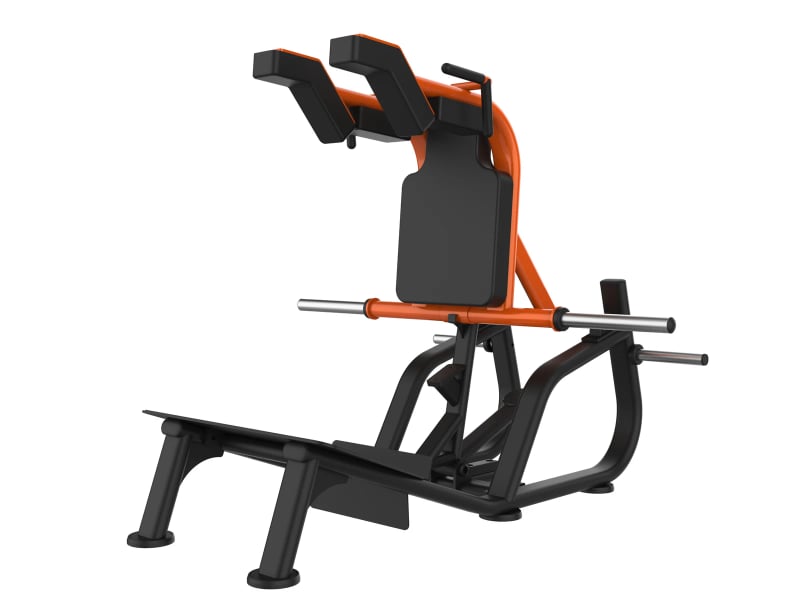 PrimePower PPF-J500-12 plate-loaded lever hack squat, black frame with orange lever and angled platform PrimePower PPF-J500-12 plate-loaded lever hack squat, black frame with orange lever and angled platform