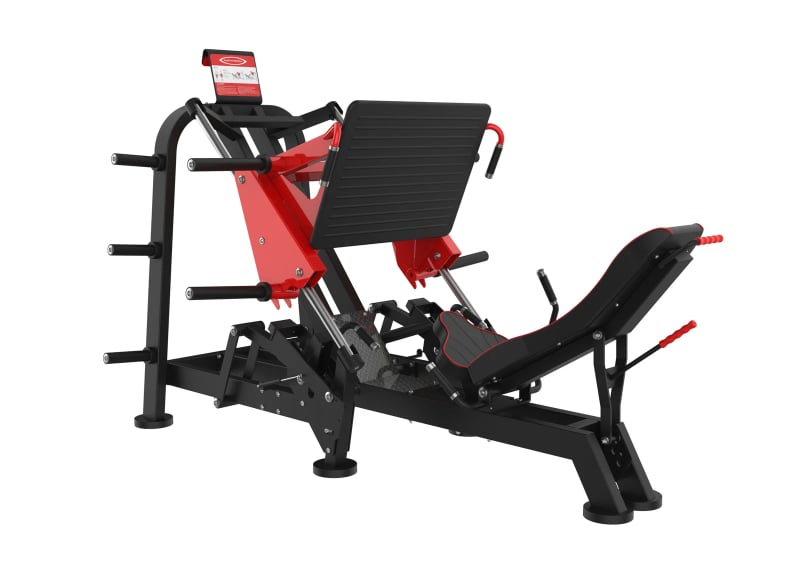 PrimePower Plate-Loaded 45° Leg Press PPF-A856, black frame, red accents, black upholstery PrimePower Plate-Loaded 45° Leg Press PPF-A856, black frame, red accents, black upholstery
