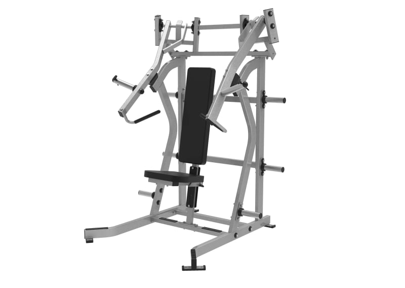 PrimePower PPF-HY88 plate-loaded incline chest press, silver-grey frame with black incline pad PrimePower PPF-HY88 plate-loaded incline chest press, silver-grey frame with black incline pad