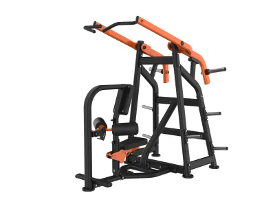 PrimePower PPF-J500-03 plate-loaded seated high row, black ladder frame with long orange overhead arms