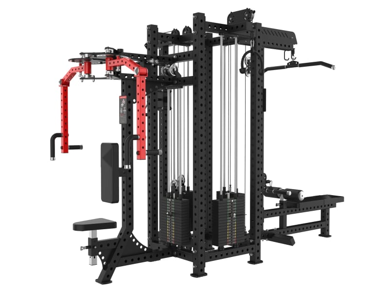 PrimePower PPF-K119 4-station multi-gym, black frame with red accents, several weight stacks PrimePower PPF-K119 4-station multi-gym, black frame with red accents, several weight stacks