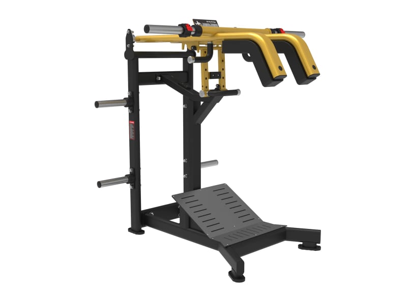 PrimePower PPF-K566 plate-loaded standing hack squat, black frame, gold accents, black upholstery PrimePower PPF-K566 plate-loaded standing hack squat, black frame, gold accents, black upholstery