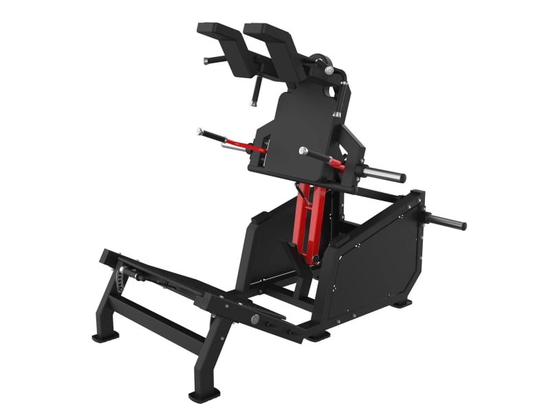 PrimePower PPF-HM66A – Hack squat à disques (cadre caréné), cadre noir, accents rouges, garnissage noir PrimePower PPF-HM66A – Hack squat à disques (cadre caréné), cadre noir, accents rouges, garnissage noir