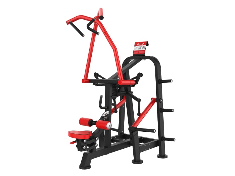 PrimePower Plate-Loaded Scissor Lat Pulldown PPF-A803, black frame, red accents, red upholstery PrimePower Plate-Loaded Scissor Lat Pulldown PPF-A803, black frame, red accents, red upholstery