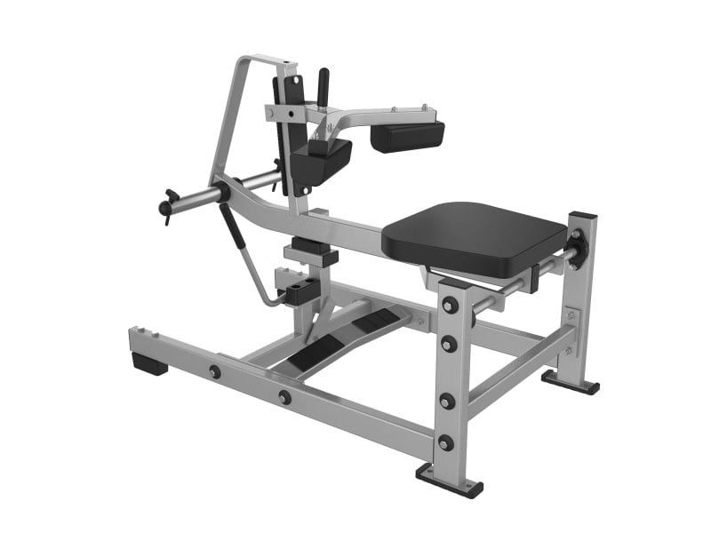 Machine à mollets assis PrimePower PPF-HY62, cadre gris argent, appuis-genoux et plateforme Machine à mollets assis PrimePower PPF-HY62, cadre gris argent, appuis-genoux et plateforme
