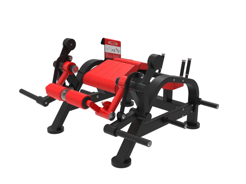 Leg curl allongé à disques PPF-A819 PrimePower, châssis noir, accents rouges, sellerie rouge Leg curl allongé à disques PPF-A819 PrimePower, châssis noir, accents rouges, sellerie rouge