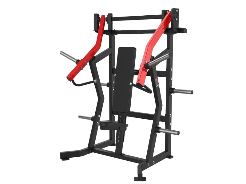 PrimePower PPF-HM88 iso-lateral incline press, black frame with red press arms and black pads PrimePower PPF-HM88 iso-lateral incline press, black frame with red press arms and black pads