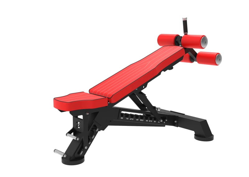 PrimePower Adjustable FID Bench with Leg Hold-Down PPF-A850, black frame, red accents, red upholstery PrimePower Adjustable FID Bench with Leg Hold-Down PPF-A850, black frame, red accents, red upholstery