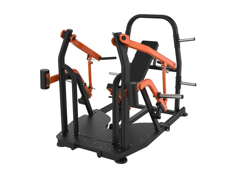 PrimePower PPF-J500-07 plate-loaded seated shoulder press, black frame with orange overhead press arms PrimePower PPF-J500-07 plate-loaded seated shoulder press, black frame with orange overhead press arms