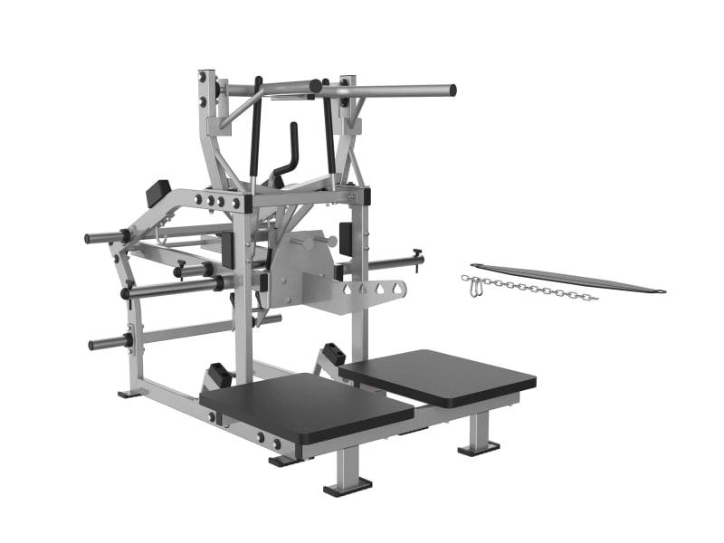Squat à ceinture à disques PrimePower PPF-HY97 à deux plateformes, cadre gris argent, ceinture et chaîne Squat à ceinture à disques PrimePower PPF-HY97 à deux plateformes, cadre gris argent, ceinture et chaîne