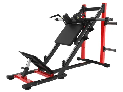 PrimePower PPF-HM57 – Plate-Loaded Hack Squat, black frame, red accents, black upholstery PrimePower PPF-HM57 – Plate-Loaded Hack Squat, black frame, red accents, black upholstery