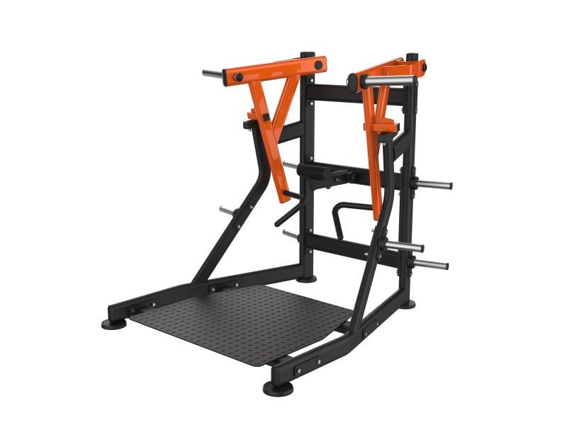 PrimePower PPF-J500-02 plate-loaded standing low row, black frame with orange arms and perforated platform PrimePower PPF-J500-02 plate-loaded standing low row, black frame with orange arms and perforated platform