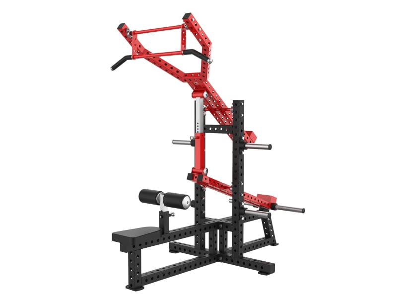 PrimePower PPF-K135 Plate-Loaded Lat Pulldown / Triceps Press-Down, black frame, red accents, black upholstery PrimePower PPF-K135 Plate-Loaded Lat Pulldown / Triceps Press-Down, black frame, red accents, black upholstery