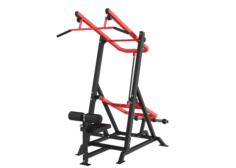 PrimePower PPF-HM118 plate-loaded lat pulldown, black frame with red lever and wide grip bar PrimePower PPF-HM118 plate-loaded lat pulldown, black frame with red lever and wide grip bar