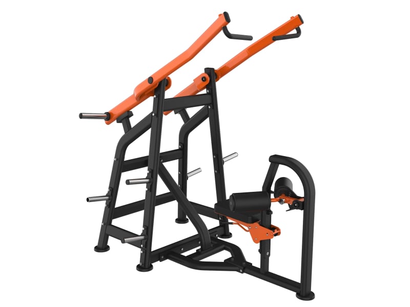 PrimePower PPF-J500-04 plate-loaded front lat pulldown, black frame with long orange pulldown arms PrimePower PPF-J500-04 plate-loaded front lat pulldown, black frame with long orange pulldown arms